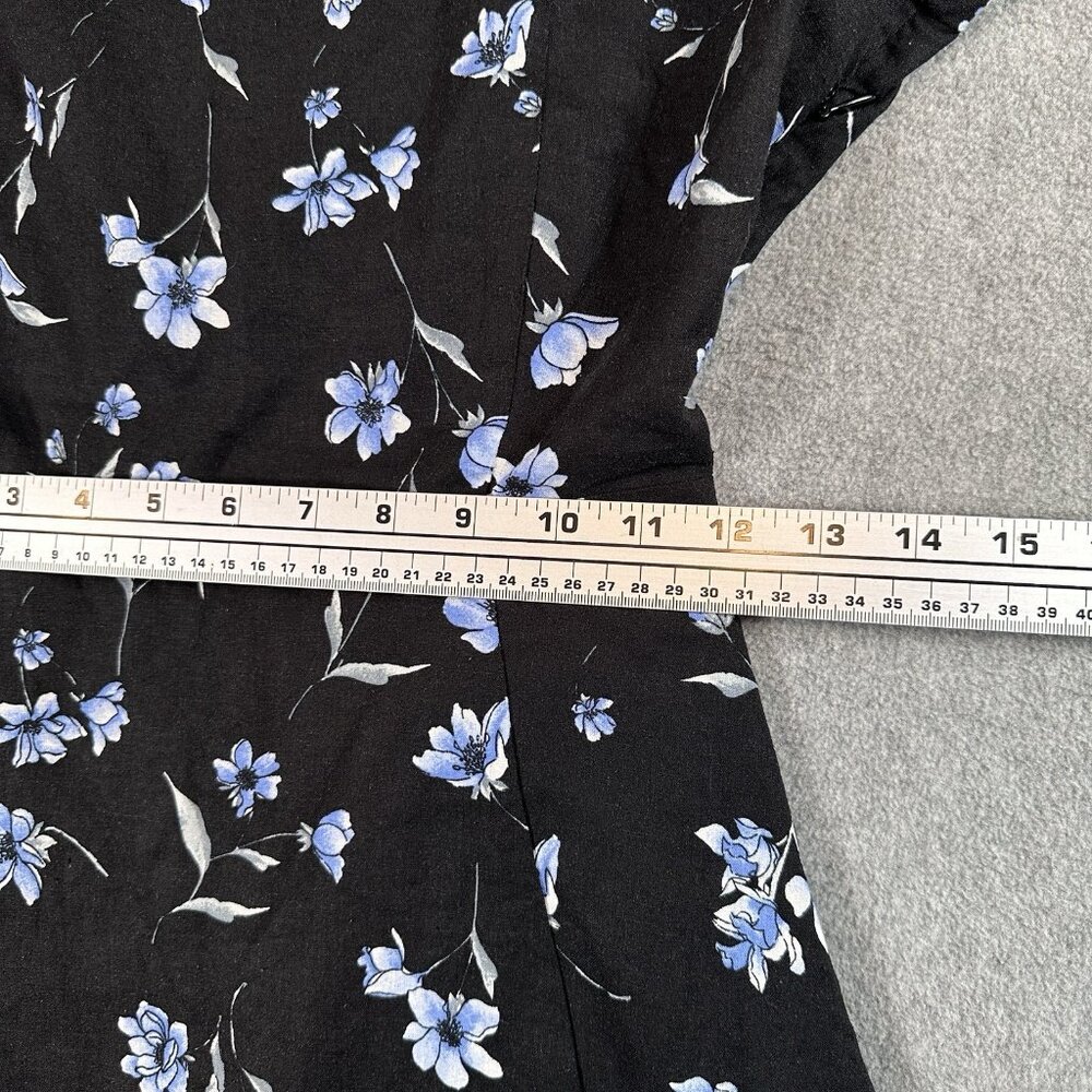 Floral Mini Dress Womens M Black Blue Fit Flare Cutout Back Square Neck - Picture 6 of 12